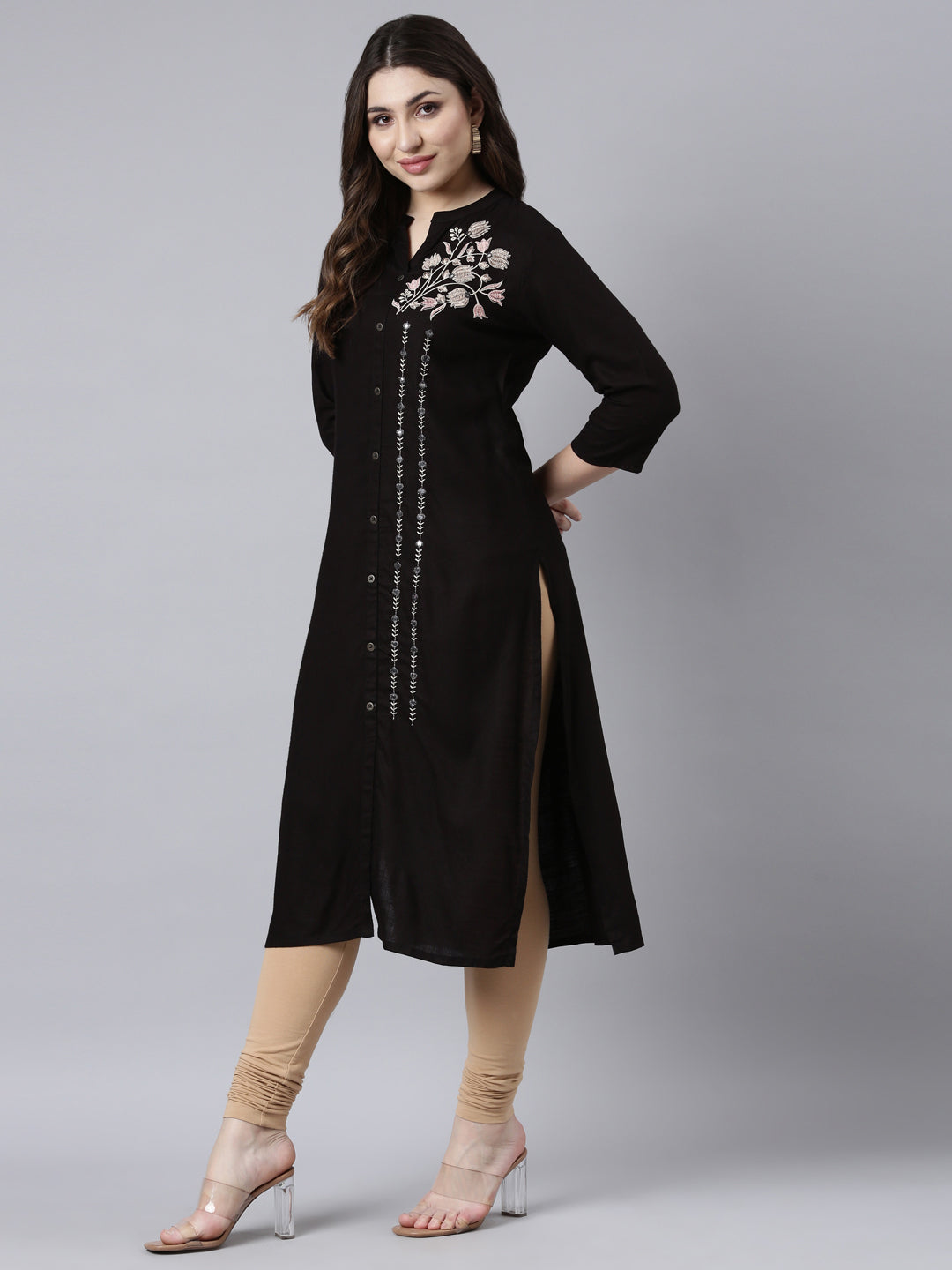 Neerus Black solid straight kurti - detail view 2
