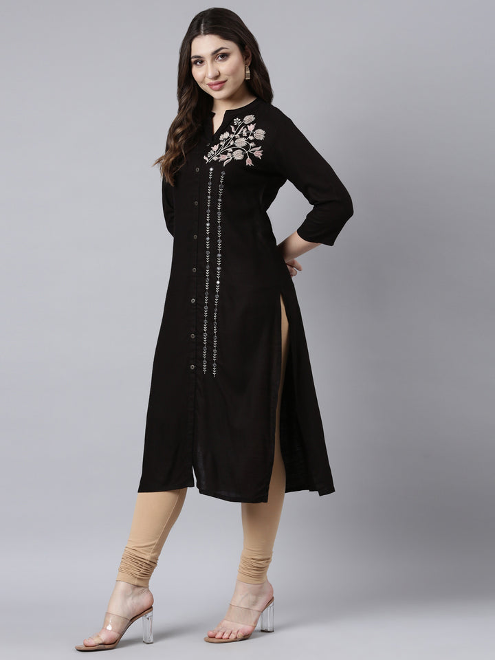 Neerus Black solid straight kurti - detail view 2