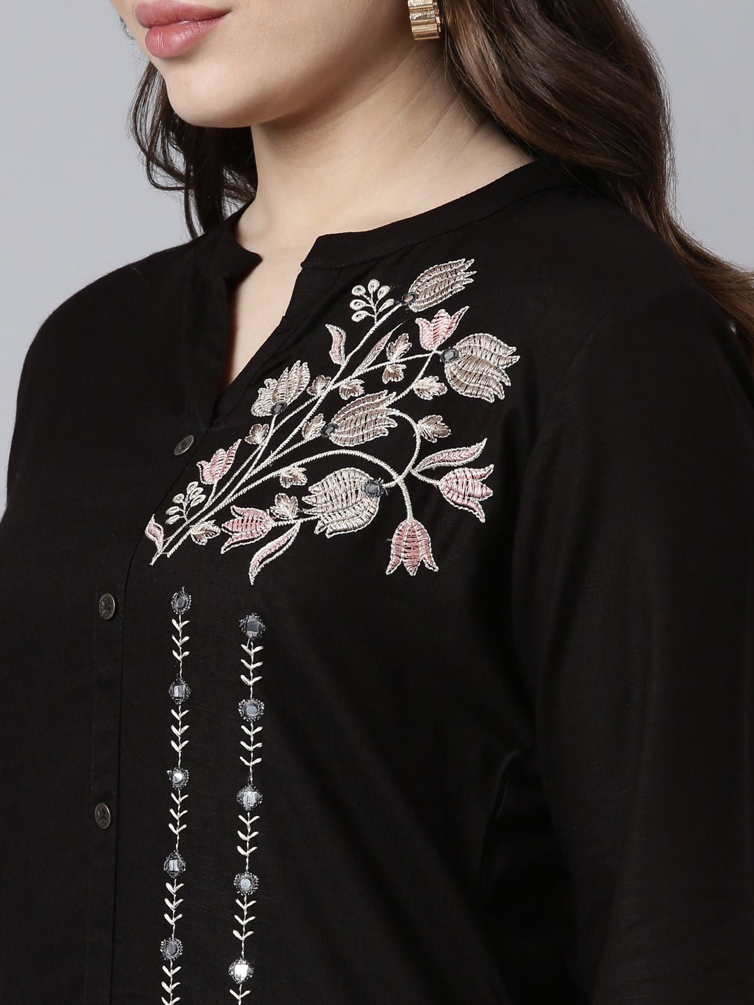 Neerus Black solid straight kurti - detail view 1