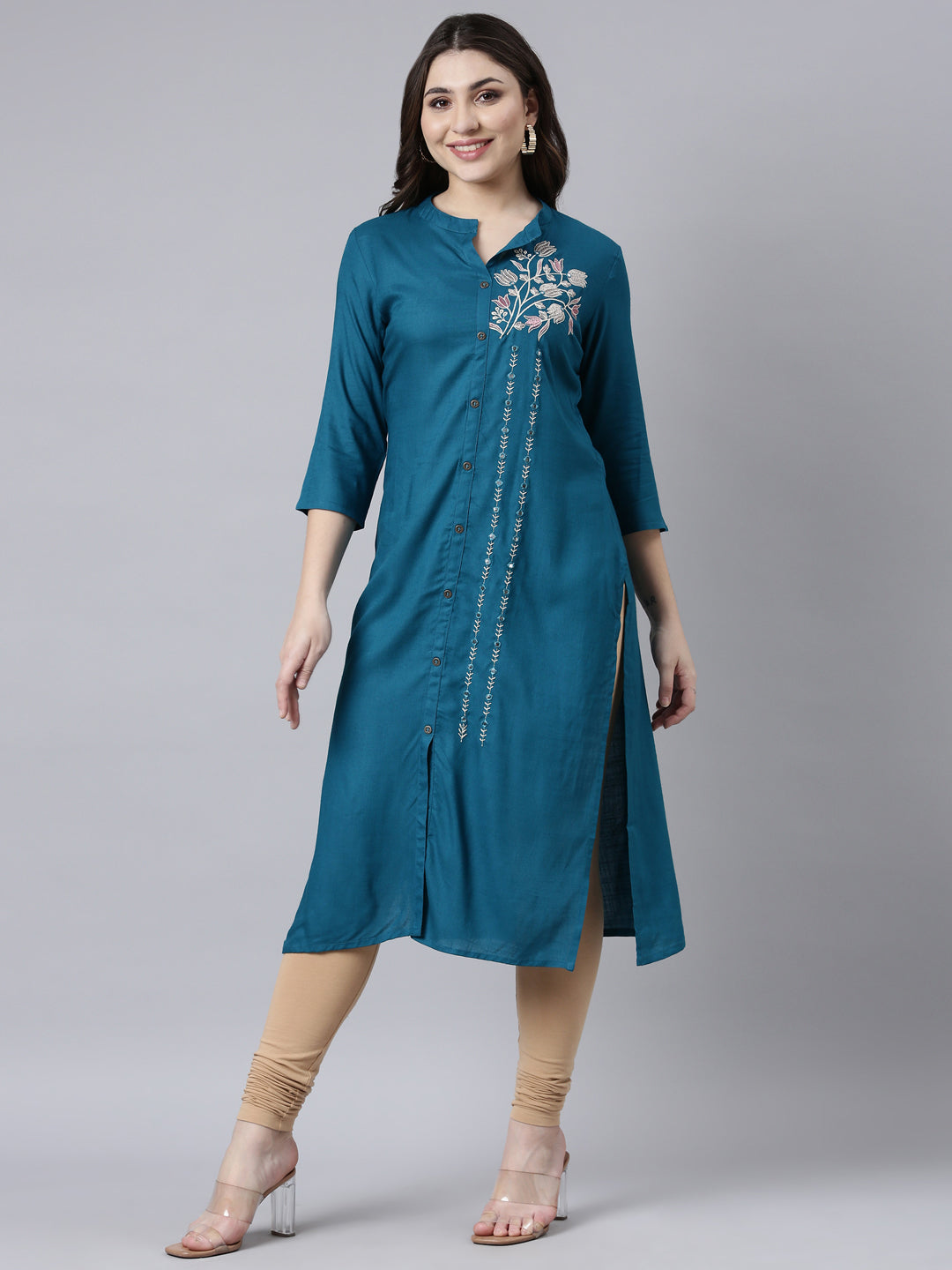 Neerus Blue solid straight kurti for women - front view