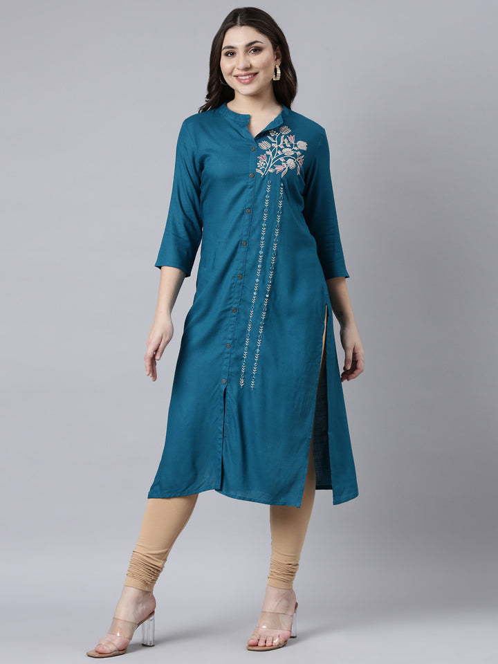 Neerus Blue solid straight kurti for women - front view