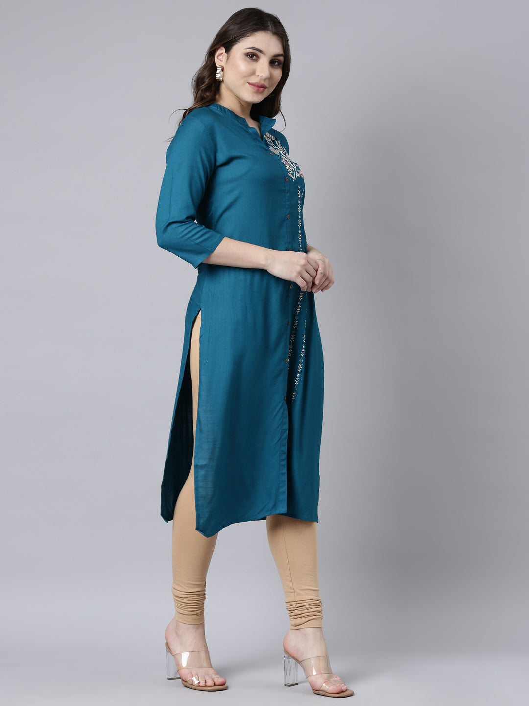 Neerus Blue solid straight kurti for women - back view