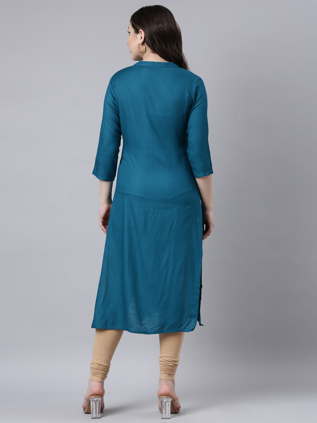 Neerus Blue solid straight kurti for women - side view