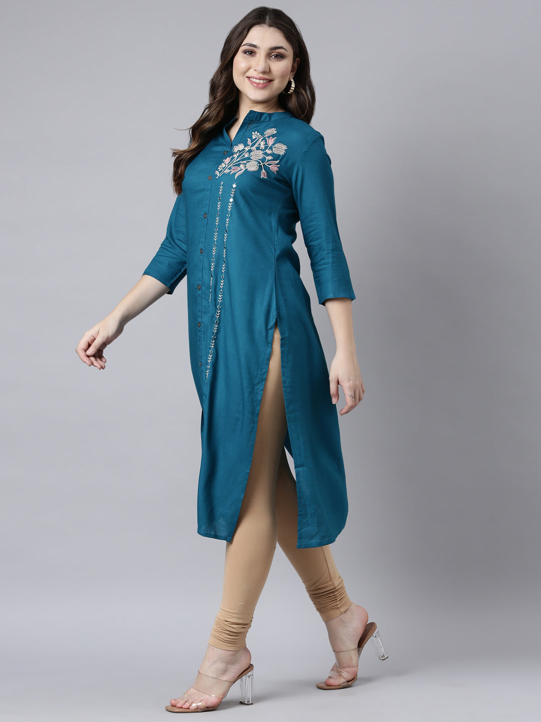 Neerus Blue solid straight kurti for women - detail view 2