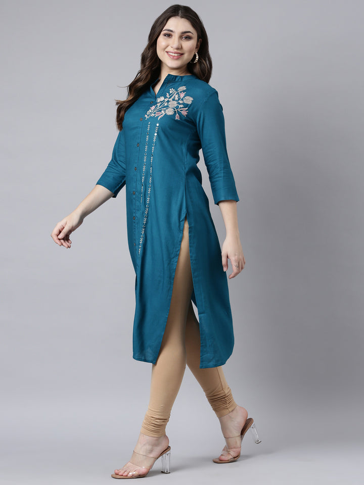 Neerus Blue solid straight kurti for women - detail view 2