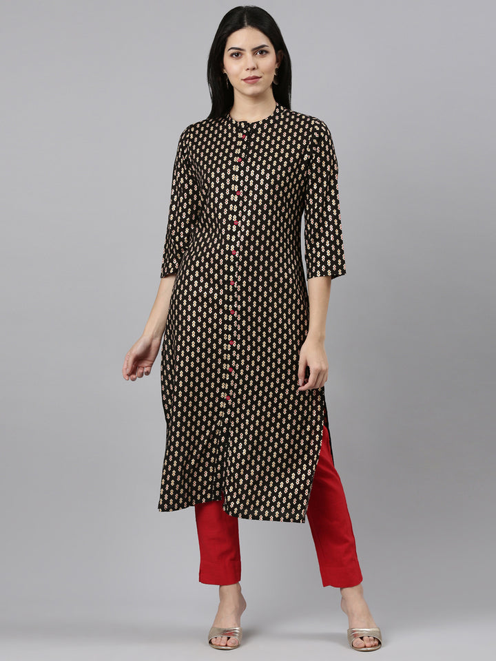 Neerus Black Regular Straight Printed Kurtas
