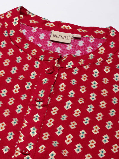 Neeru's Maroon Regular Straight Printed Kurtas