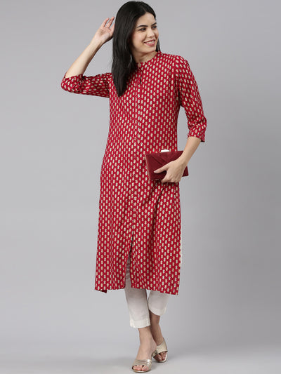 Neeru's Maroon Regular Straight Printed Kurtas