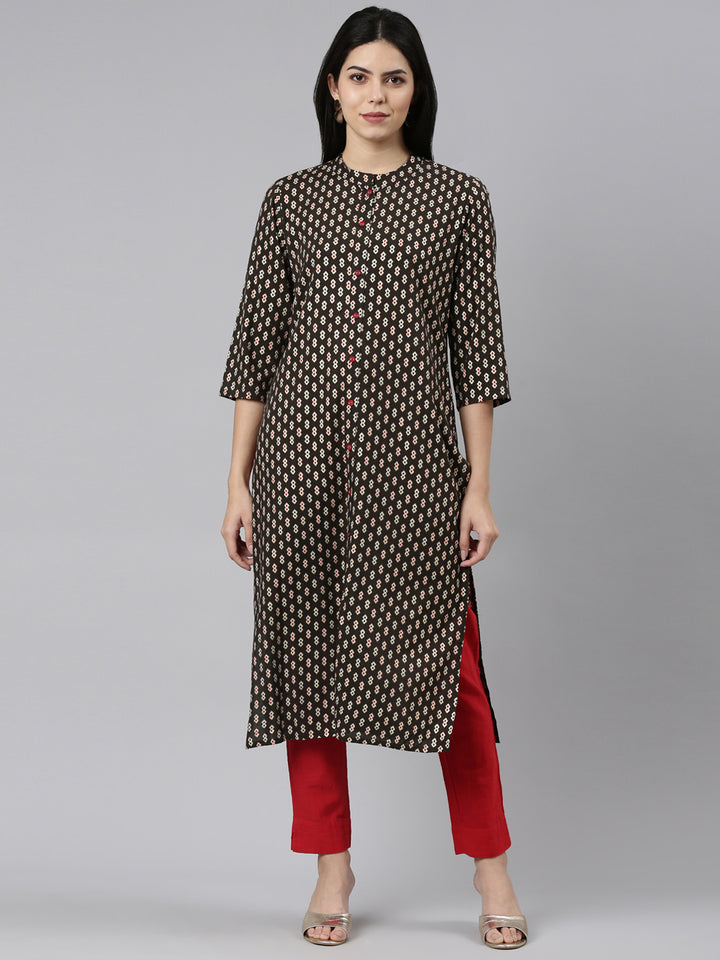 Neerus Olive Regular Straight Printed Kurtas