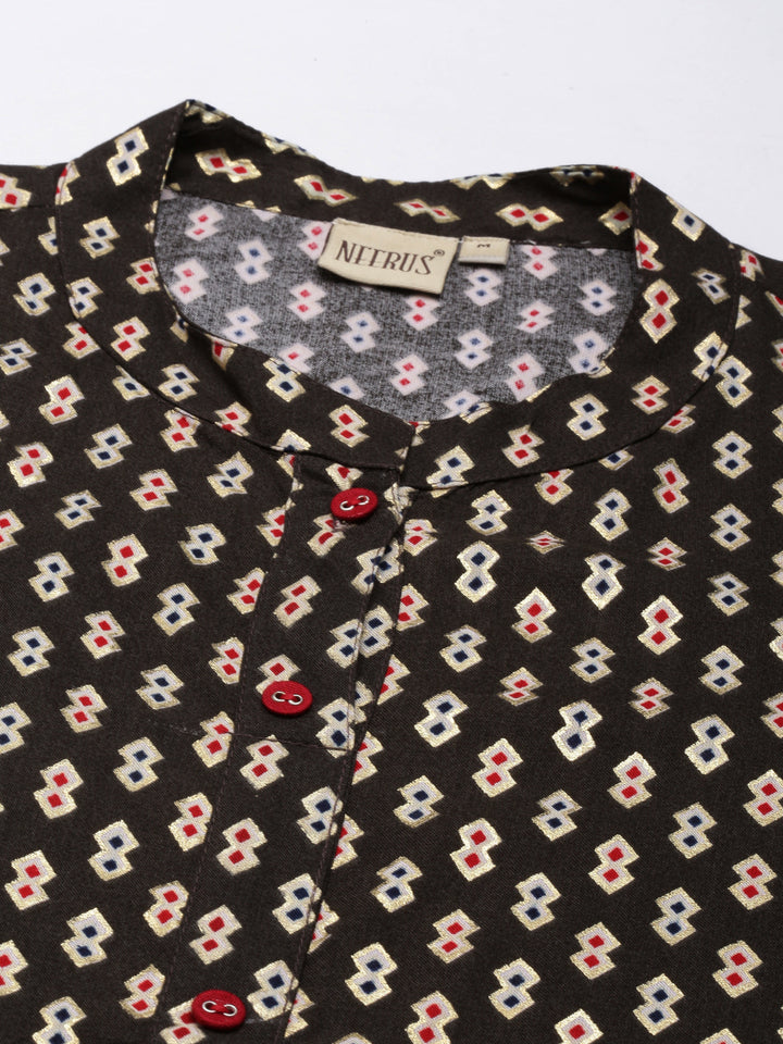 Neerus Olive Regular Straight Printed Kurtas