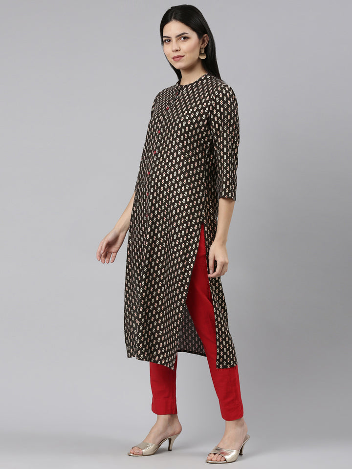 Neerus Olive Regular Straight Printed Kurtas