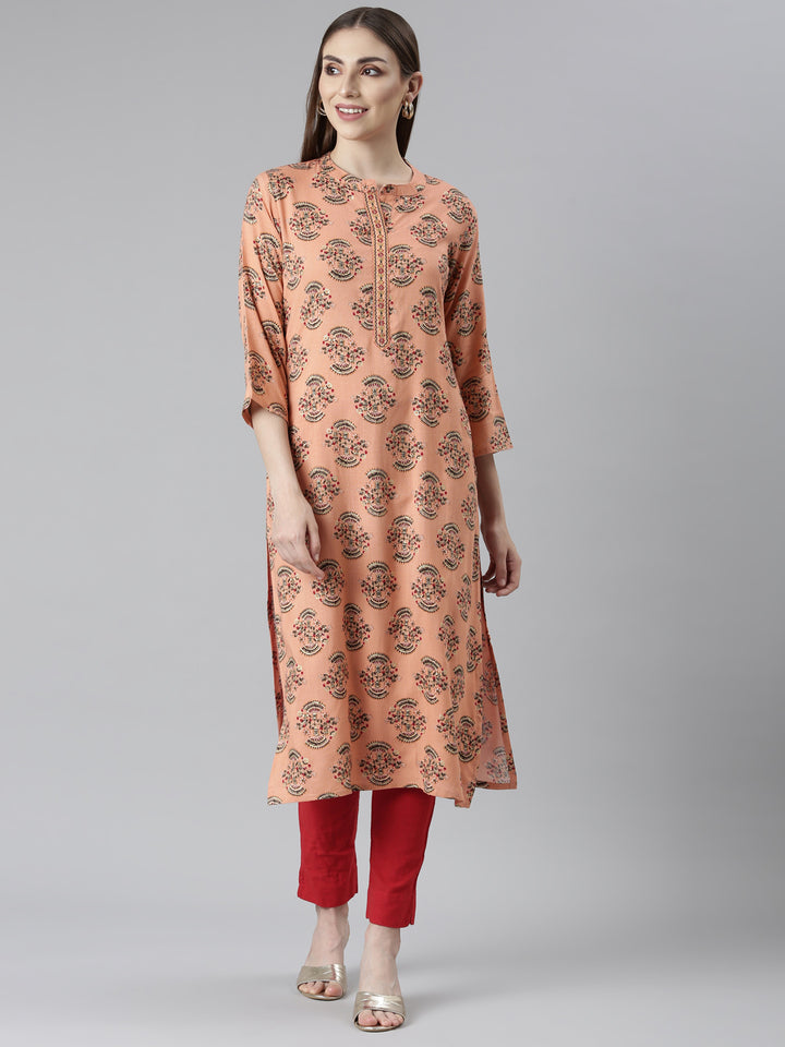 Neerus Peach Regular Straight Floral Kurta