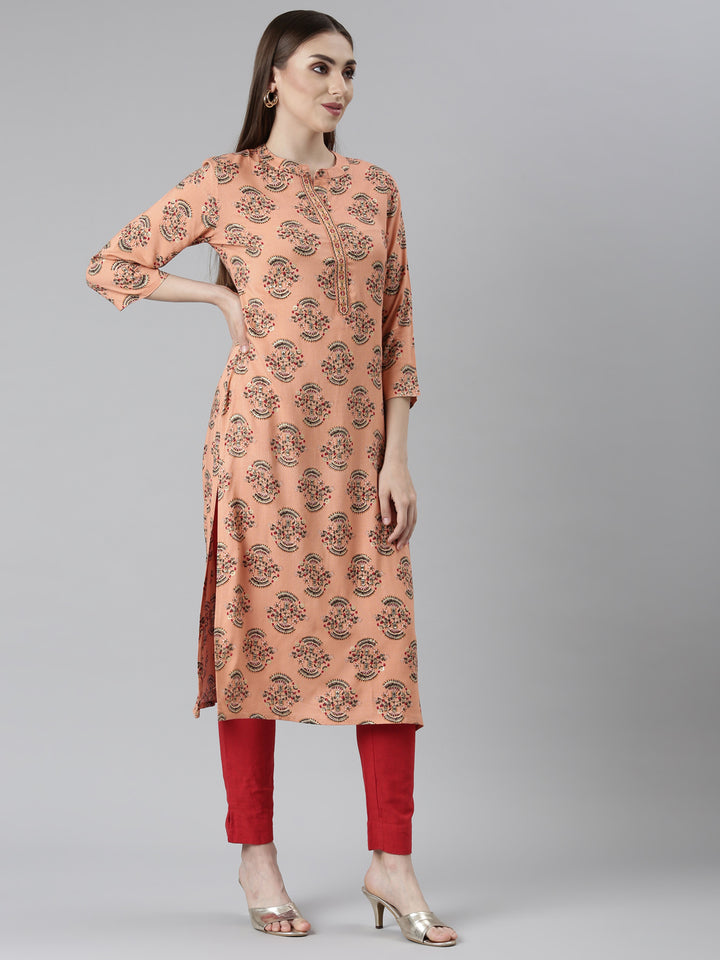 Neerus Peach Regular Straight Floral Kurta