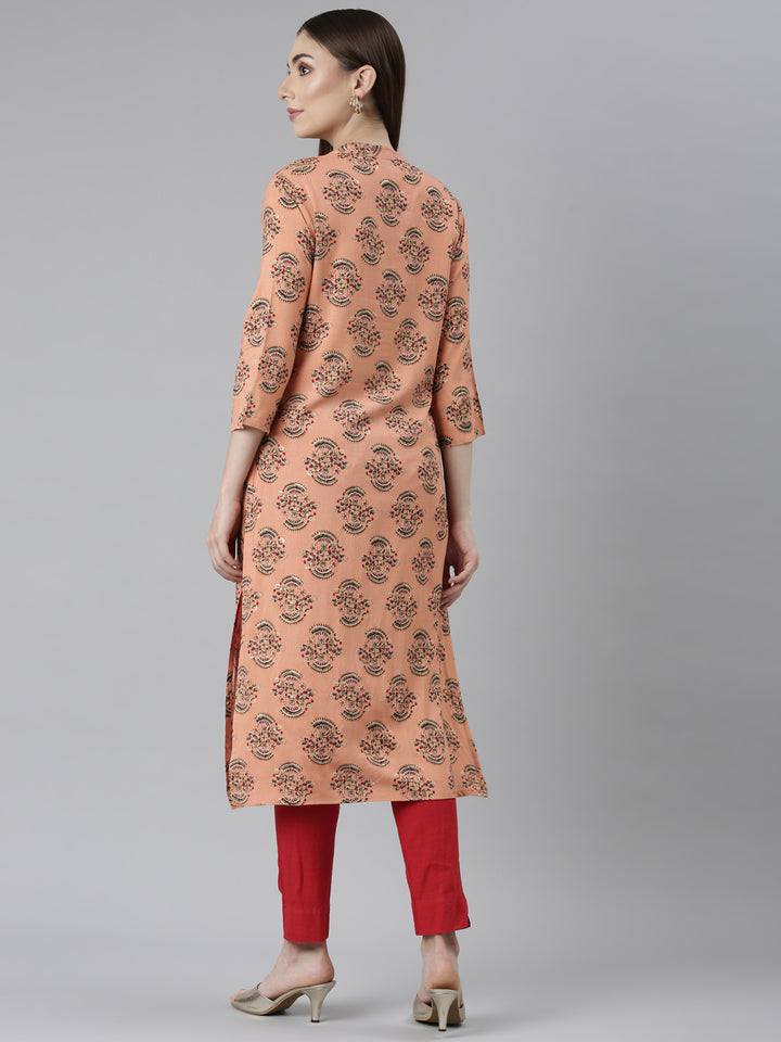 Neerus Peach Regular Straight Floral Kurta
