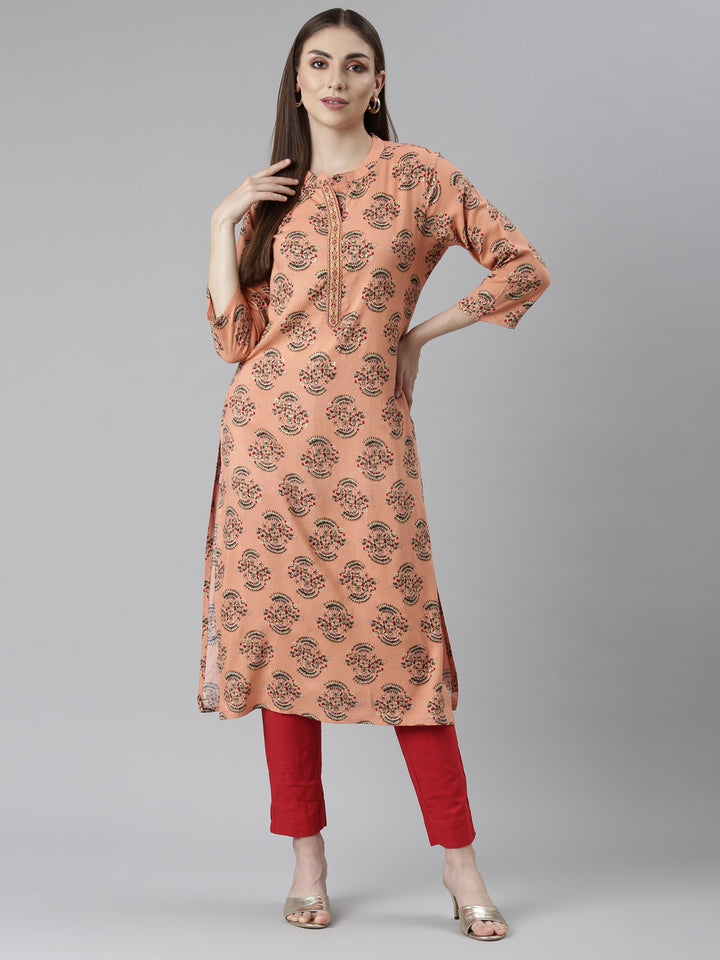Neerus Peach Regular Straight Floral Kurta