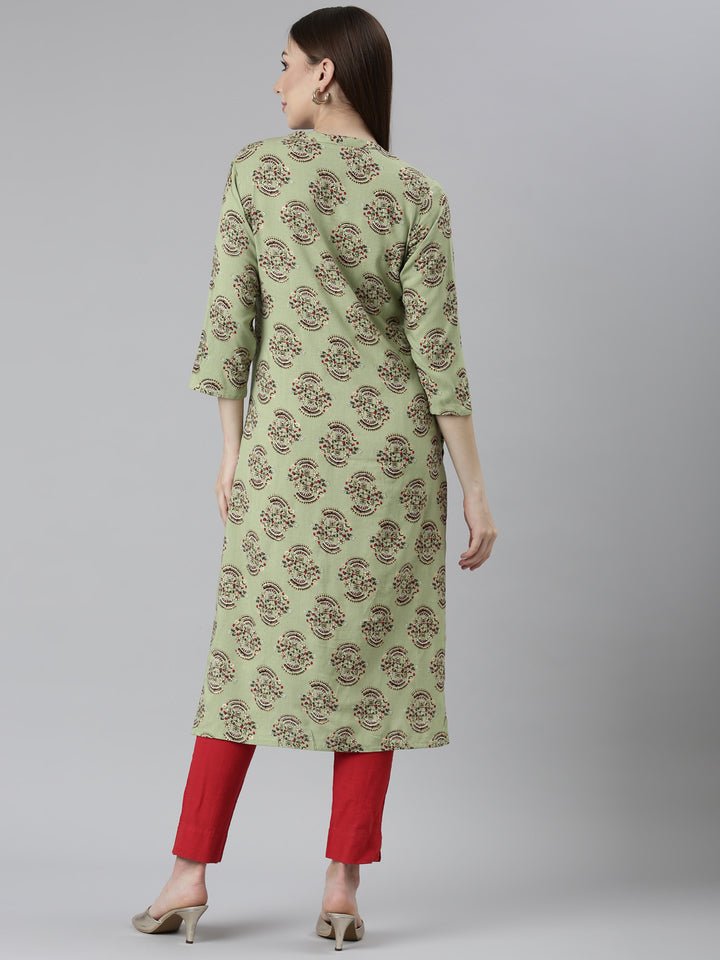 Neerus Green Regular Straight Floral Kurta