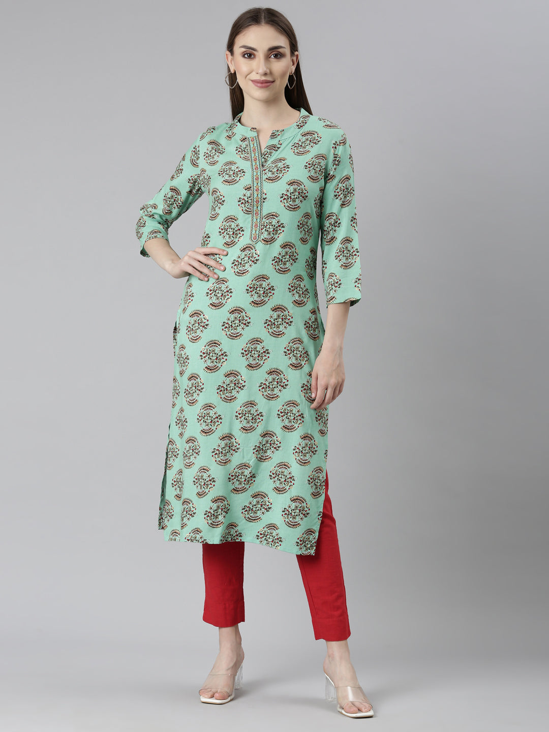 Neerus Sea Green Regular Straight Floral Kurtas