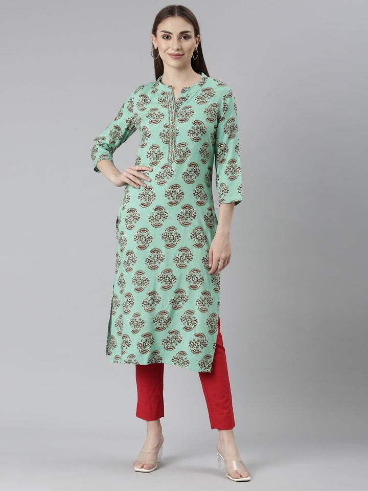 Neerus Sea Green Regular Straight Floral Kurtas