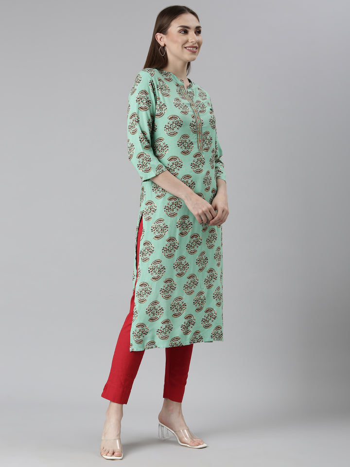 Neerus Sea Green Regular Straight Floral Kurtas