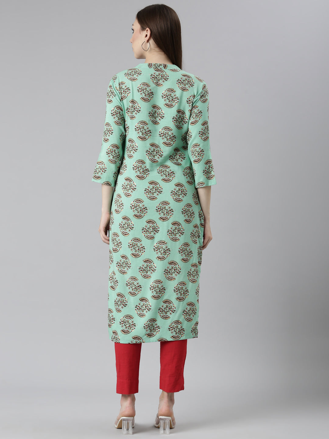 Neerus Sea Green Regular Straight Floral Kurtas