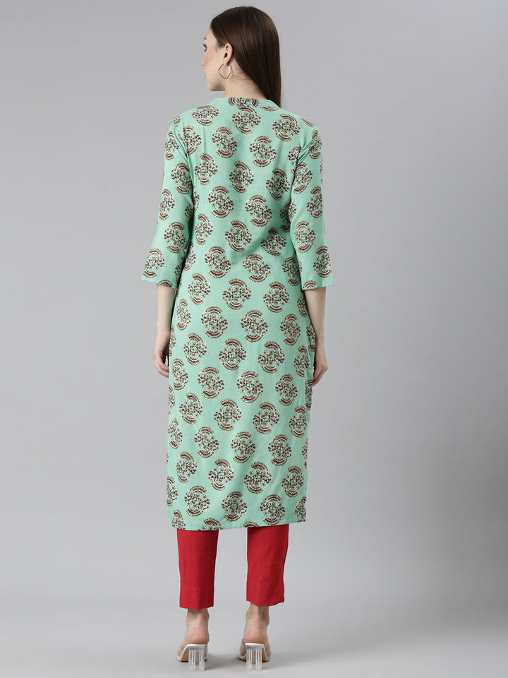 Neerus Sea Green Regular Straight Floral Kurtas