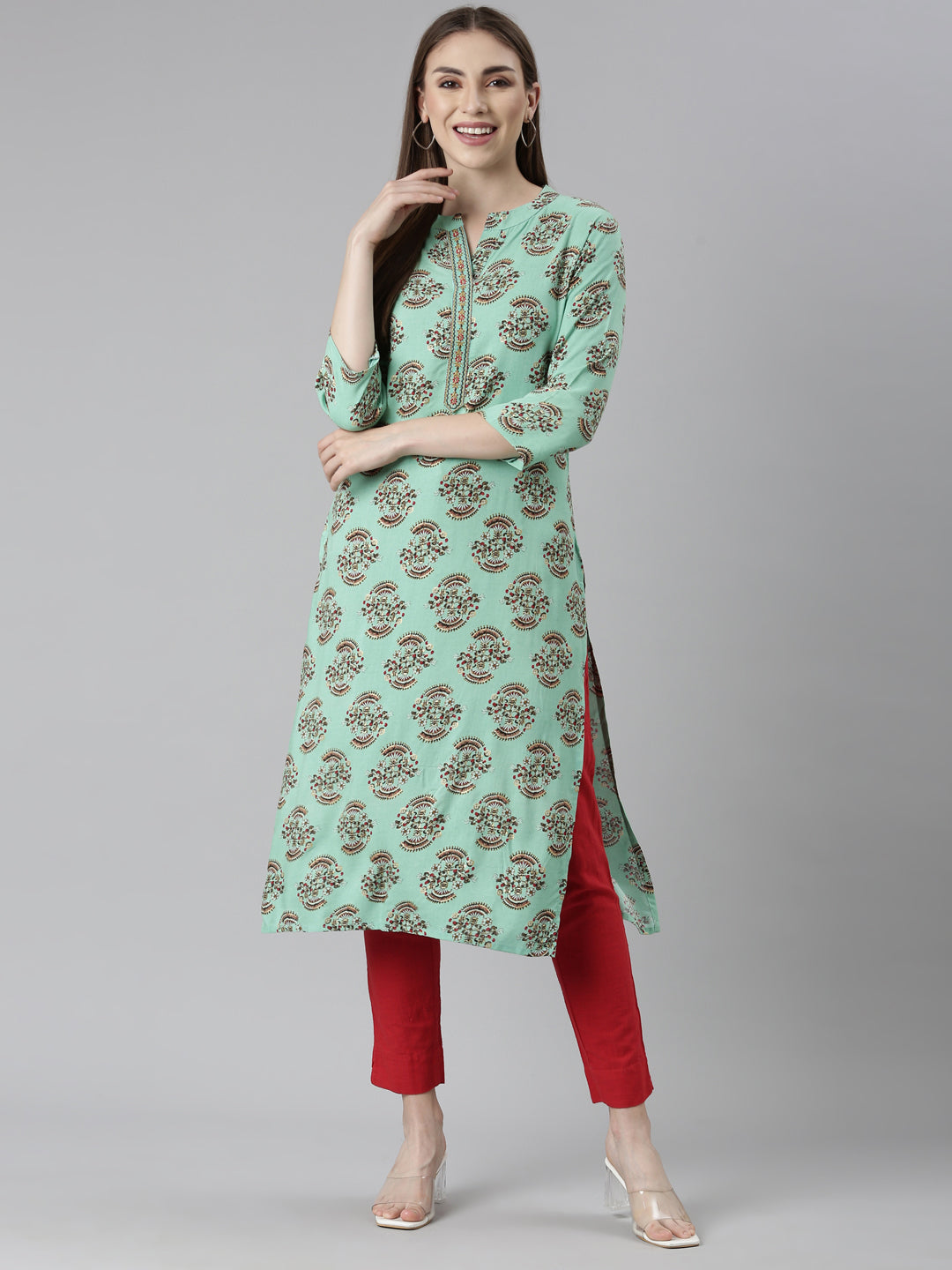 Neerus Sea Green Regular Straight Floral Kurtas