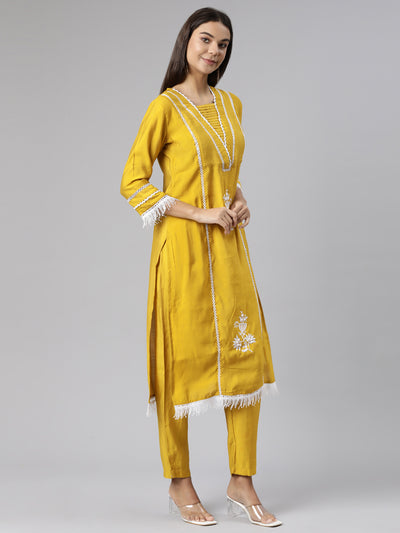 Neeru's Mustard Regular Straight Floral Kurta And Trousers With Dupatta
