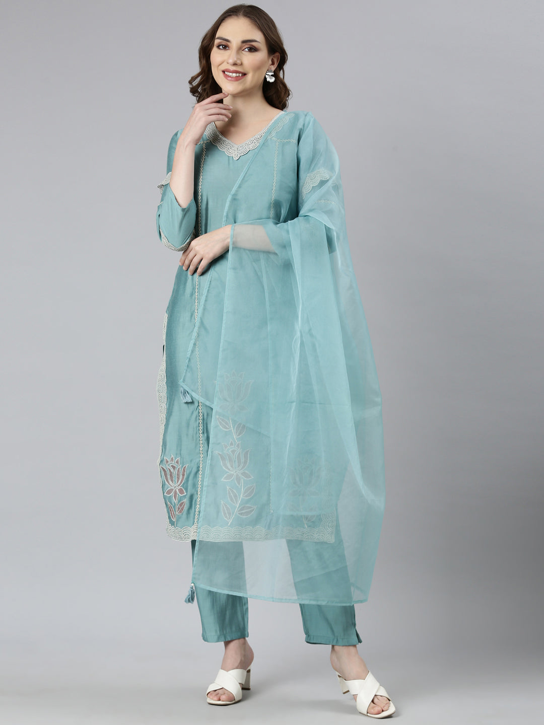 Neerus Blue Shantoon printed suit set - front view