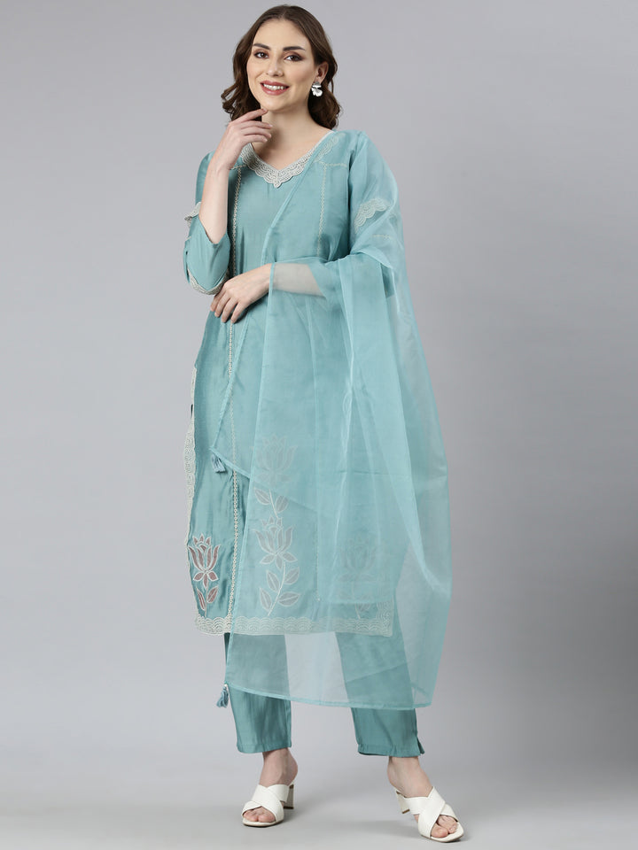 Neerus Blue Shantoon printed suit set - front view