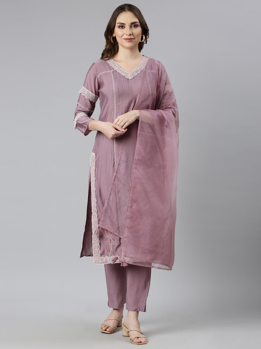 Neerus Pink Regular Straight Floral Kurta And  Trousers With Dupatta