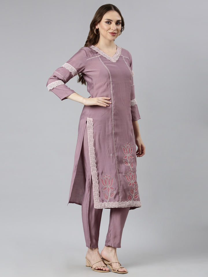 Neerus Pink Regular Straight Floral Kurta And  Trousers With Dupatta