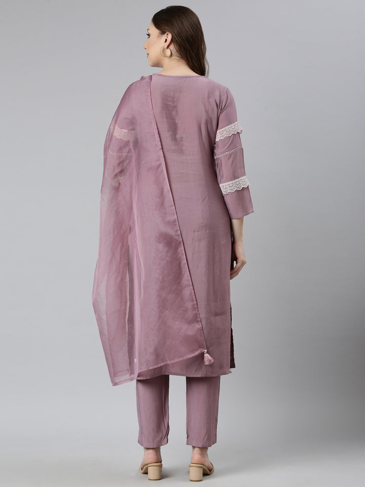 Neerus Pink Regular Straight Floral Kurta And  Trousers With Dupatta