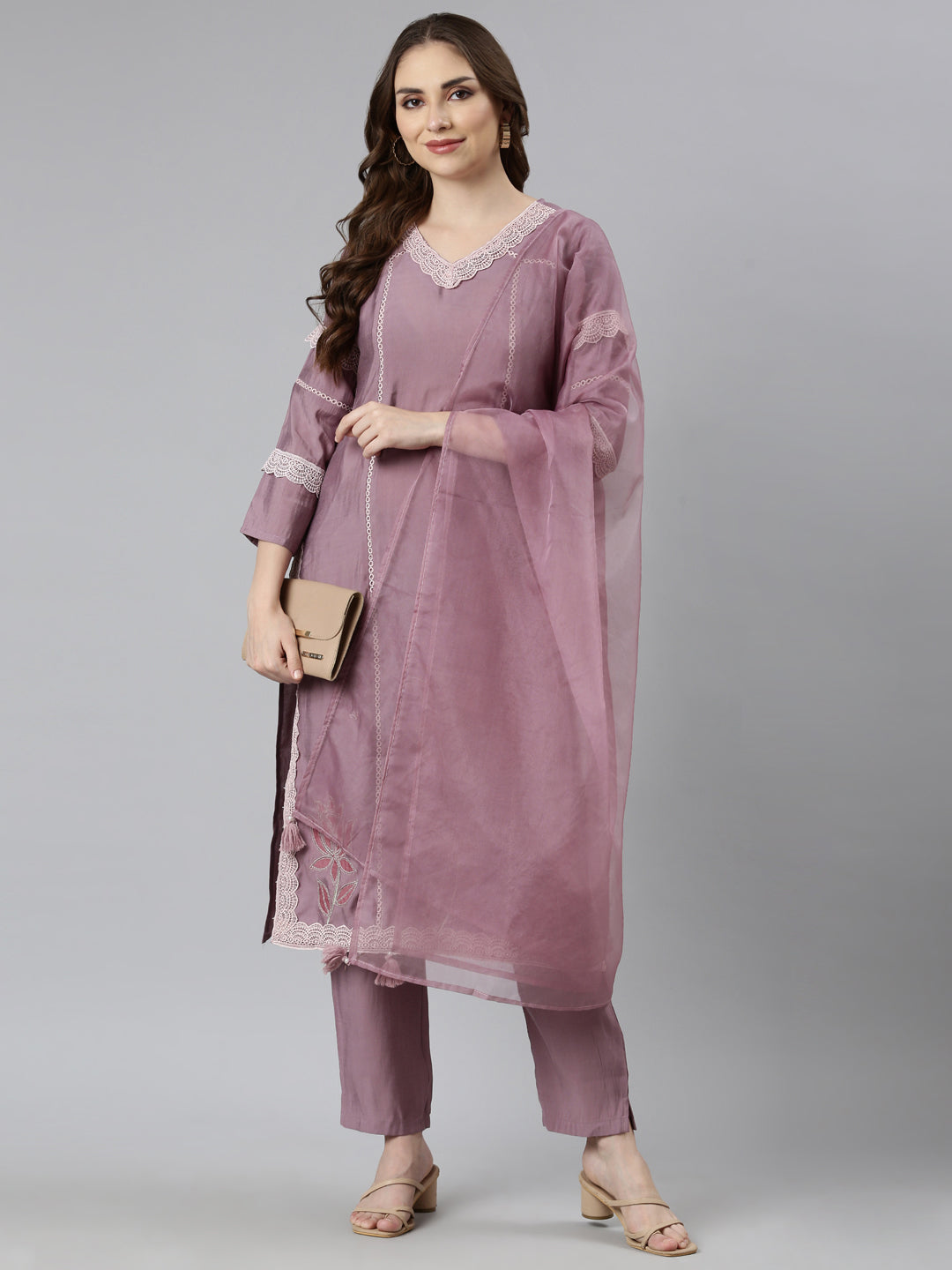 Neerus Pink Regular Straight Floral Kurta And  Trousers With Dupatta
