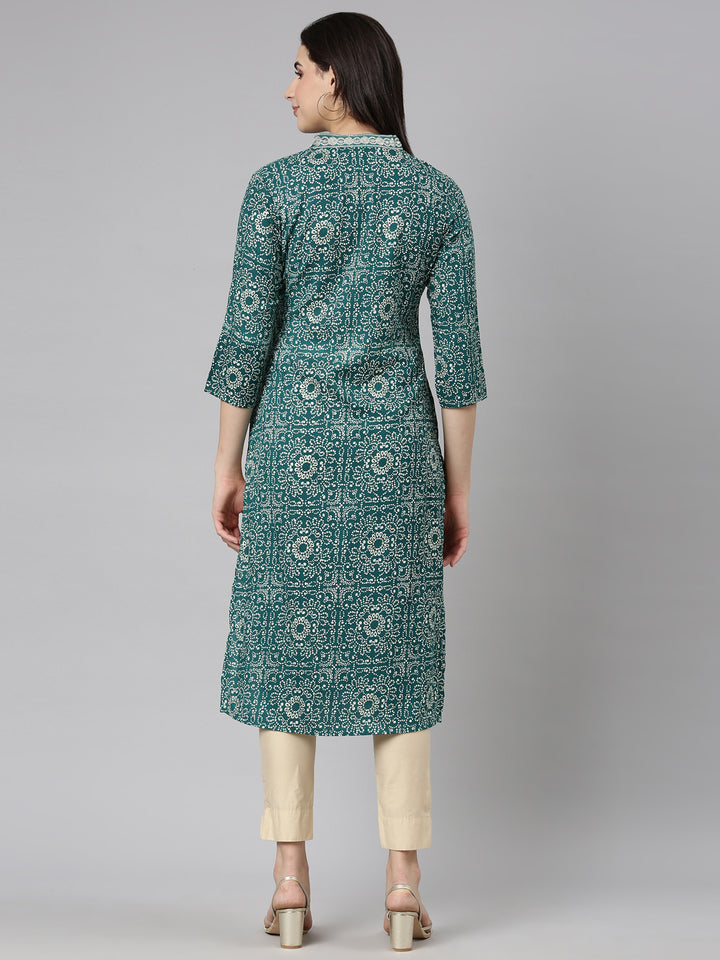 Neerus Green Regular Straight Bandhani Kurtas
