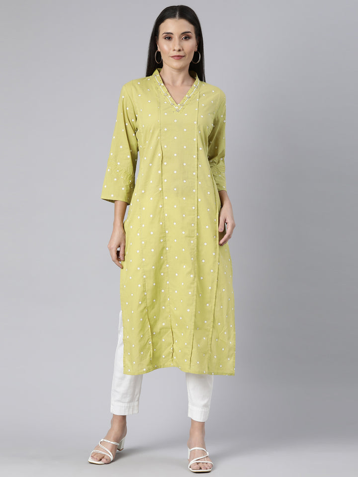 Neerus Green cotton printed panelled straight kurti - front view