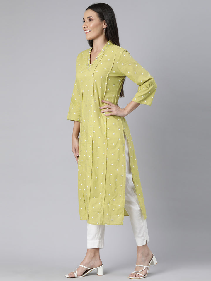 Neerus Green cotton printed panelled straight kurti - back view