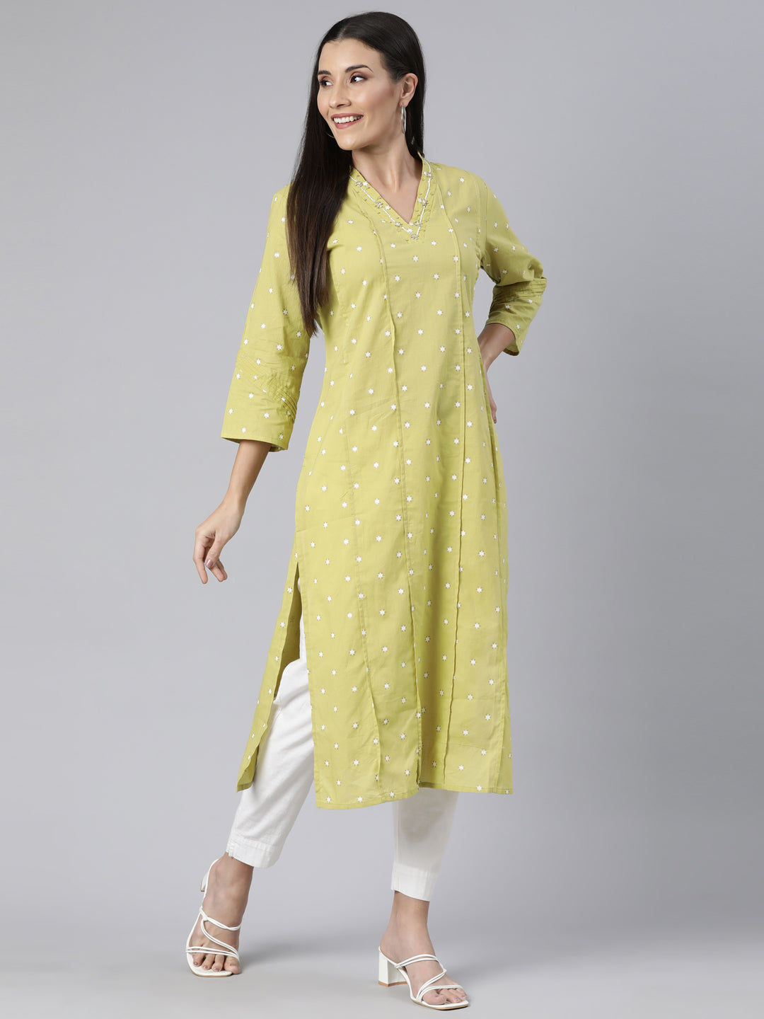 Neerus Green cotton printed panelled straight kurti - detail view 1