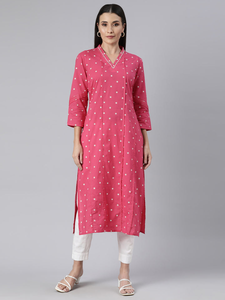 Neerus Pink Panelled Straight Floral Kurtas