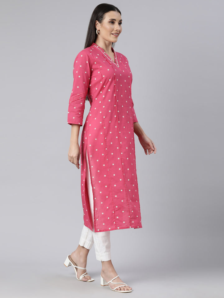 Neerus Pink Panelled Straight Floral Kurtas