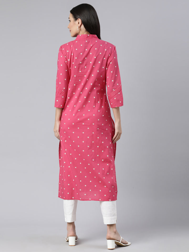 Neerus Pink Panelled Straight Floral Kurtas