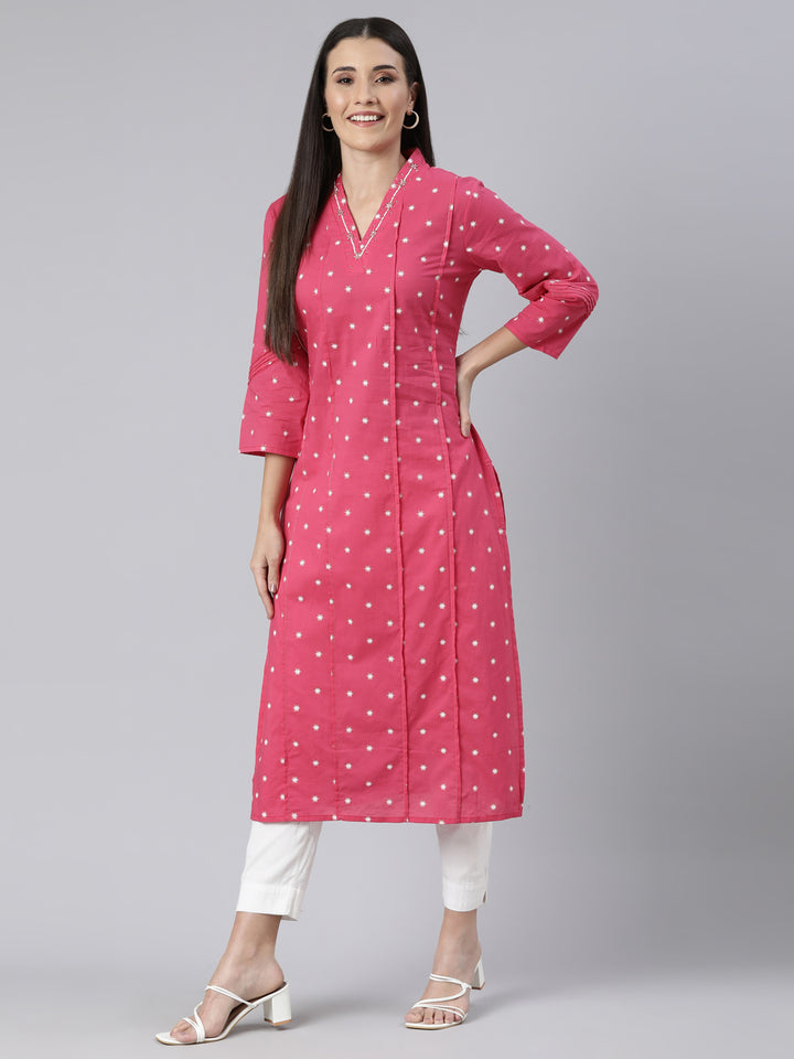 Neerus Pink Panelled Straight Floral Kurtas