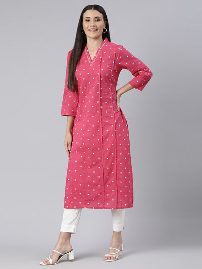 Neerus Pink Panelled Straight Floral Kurtas