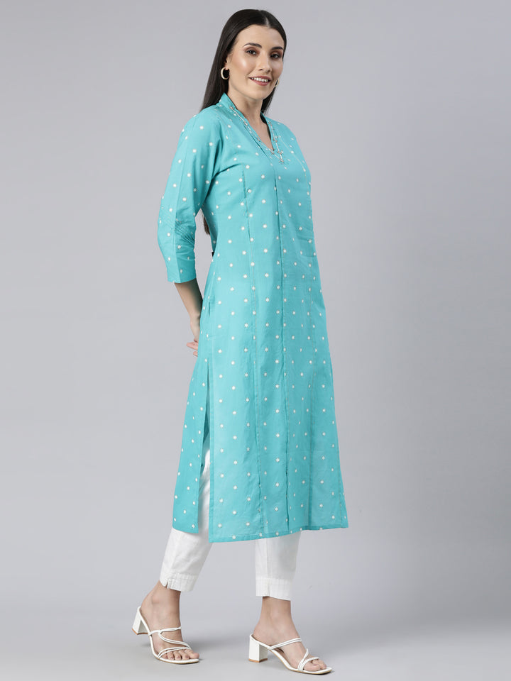 Neerus Blue Panelled Straight Floral Kurtas