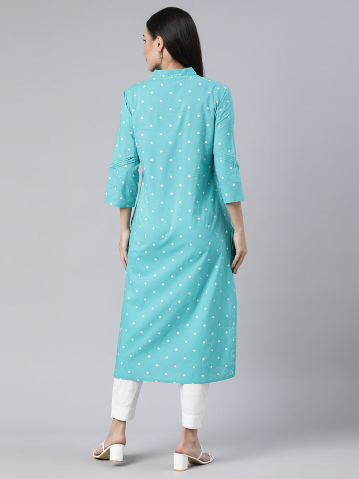 Neerus Blue Panelled Straight Floral Kurtas