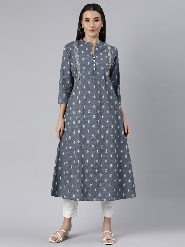 Neerus Grey cotton printed floral straight kurti - front view