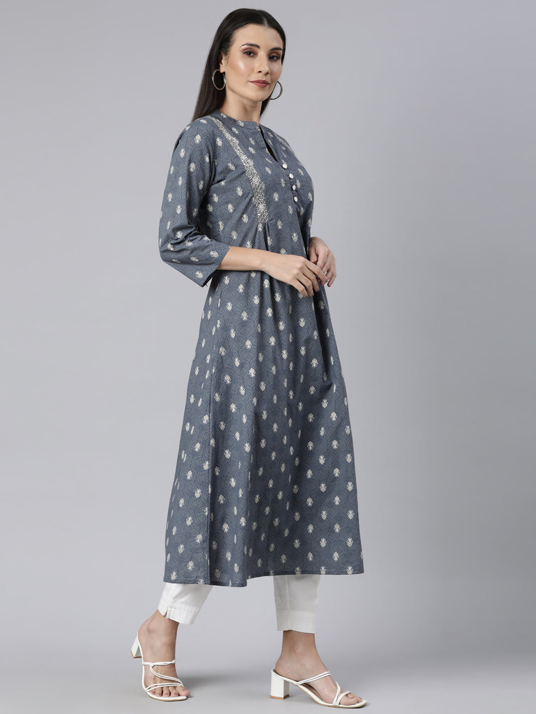 Neerus Grey cotton printed floral straight kurti - back view