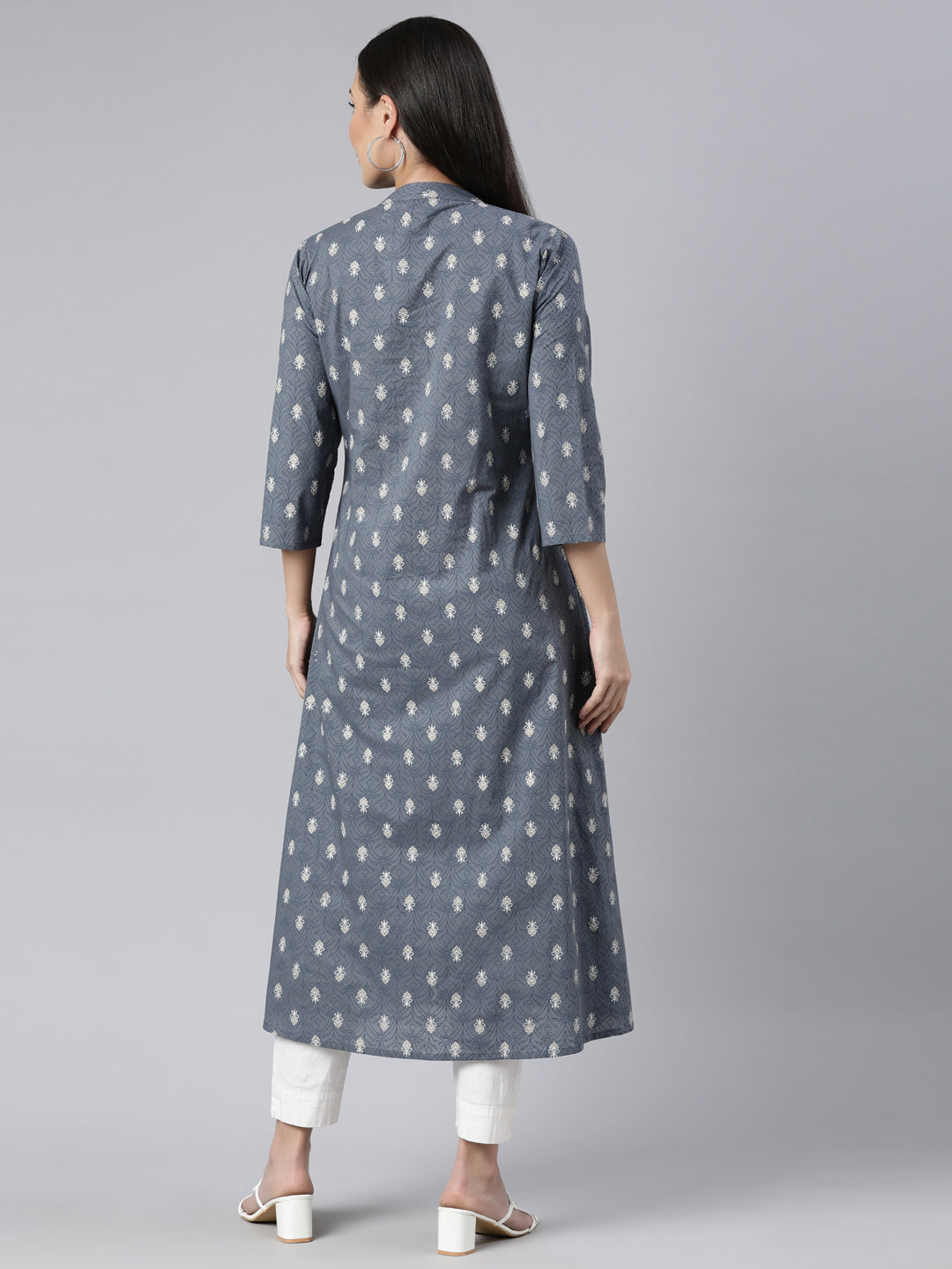 Neerus Grey cotton printed floral straight kurti - side view