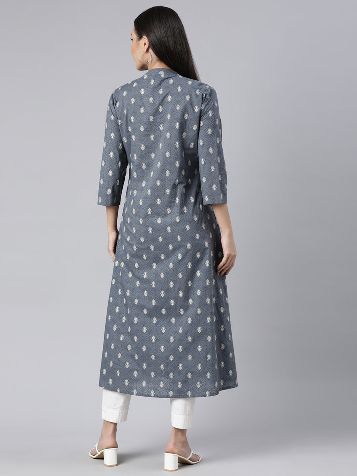 Neerus Grey cotton printed floral straight kurti - side view