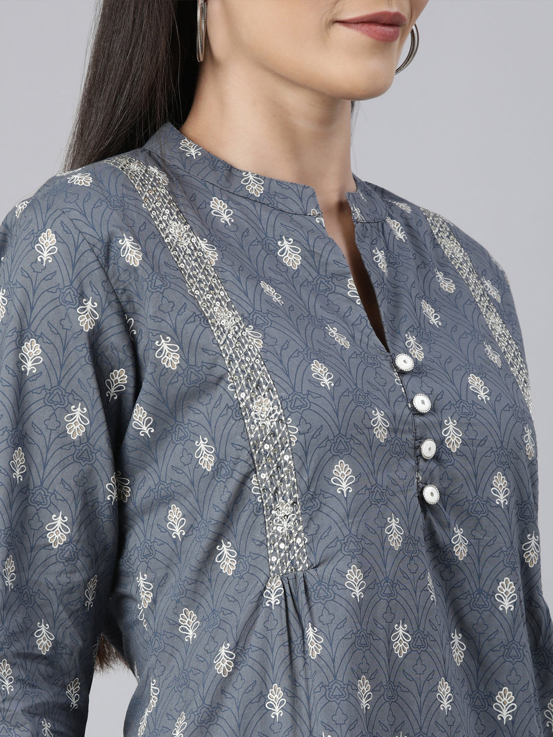 Neerus Grey cotton printed floral straight kurti - detail view 1
