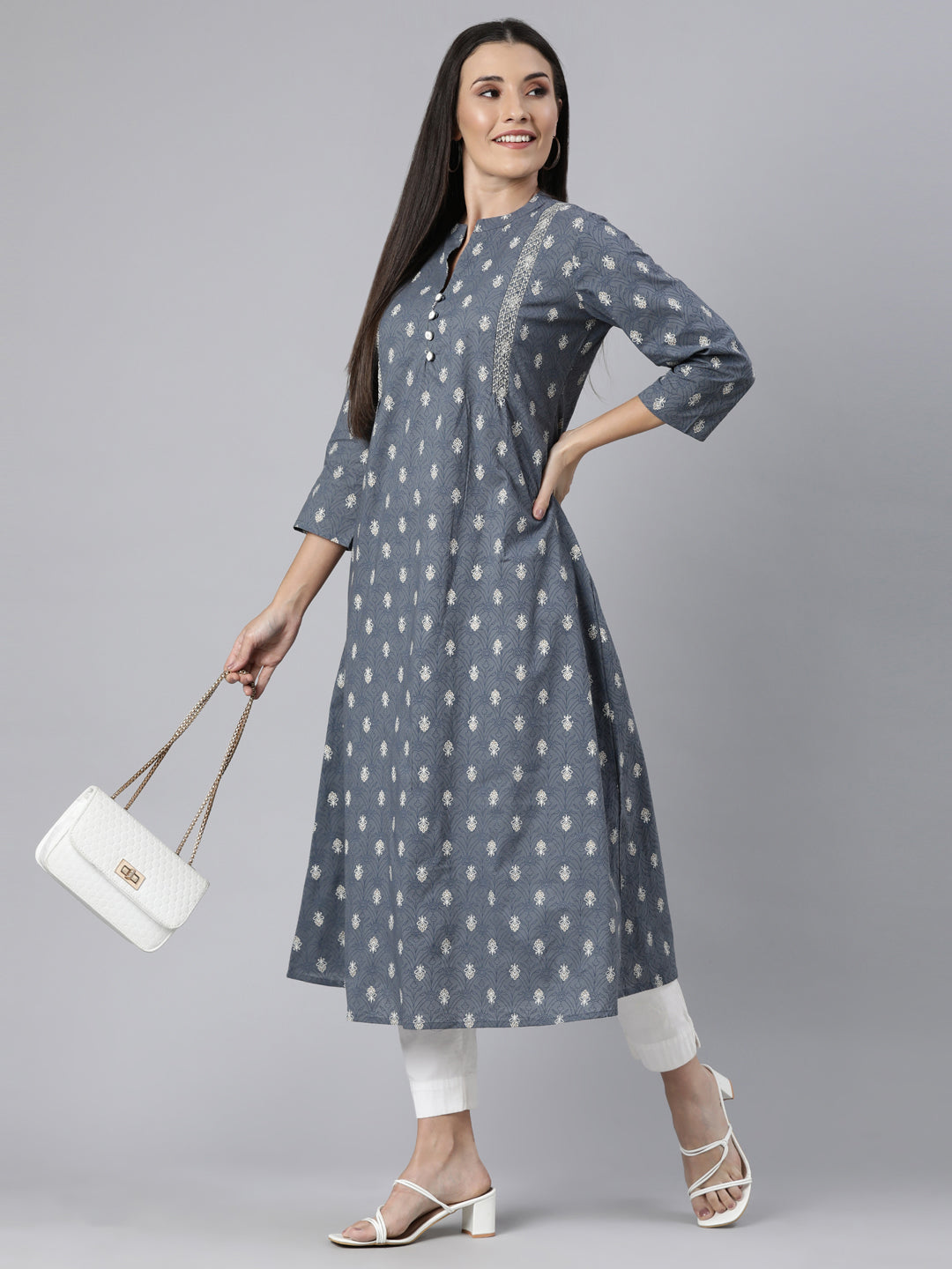 Neerus Grey cotton printed floral straight kurti - detail view 2
